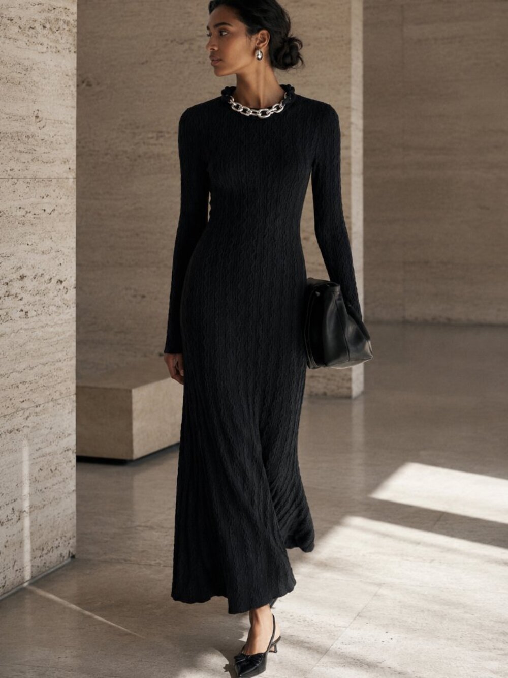 NWT RABANNE BLACK CABLE KNIT METALLIC NECKLACE MAXI SWEATER DRESS